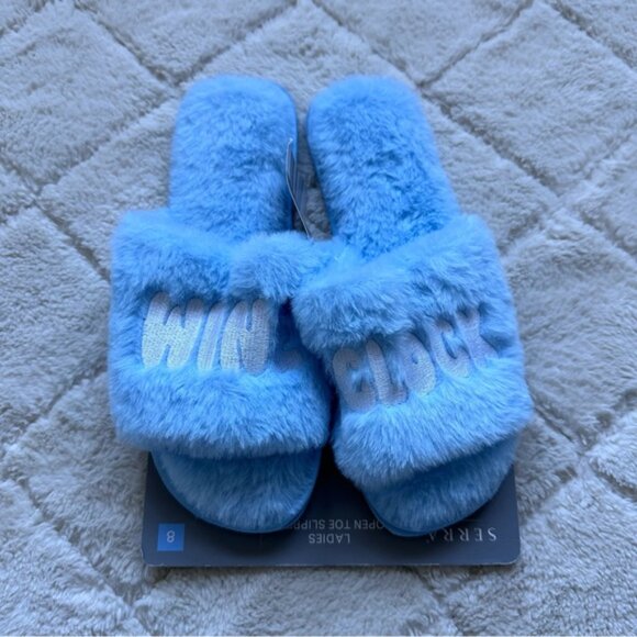 Aldi X Serra | "Wine O Clock" Light Blue Fuzzy Ladies Open Toe Slippers | Size 8 - Picture 4 of 6